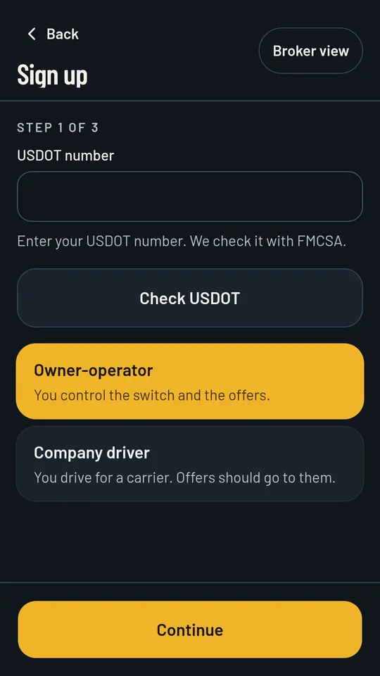 Sign up with USDOT number