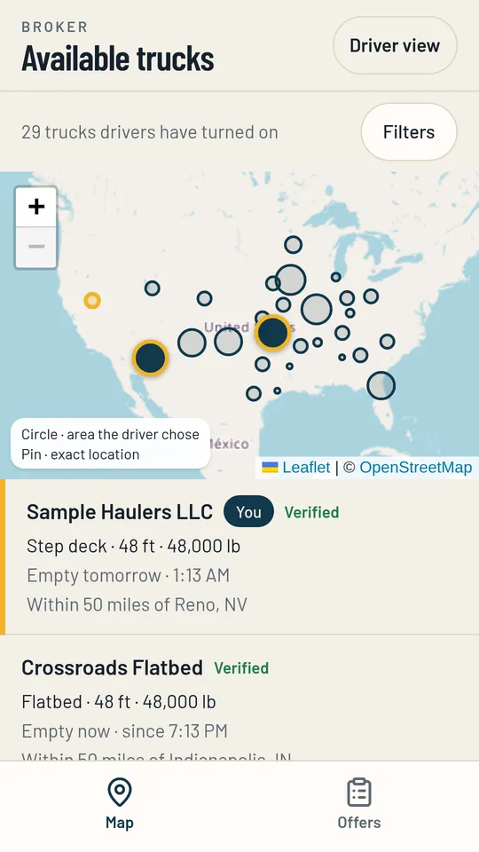 Broker map of available trucks