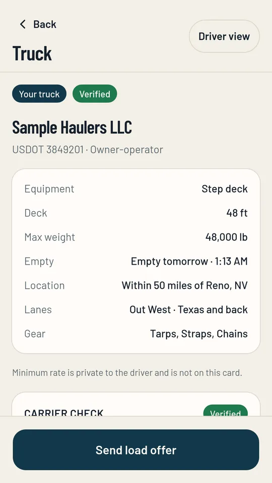 Truck card with equipment and FMCSA info