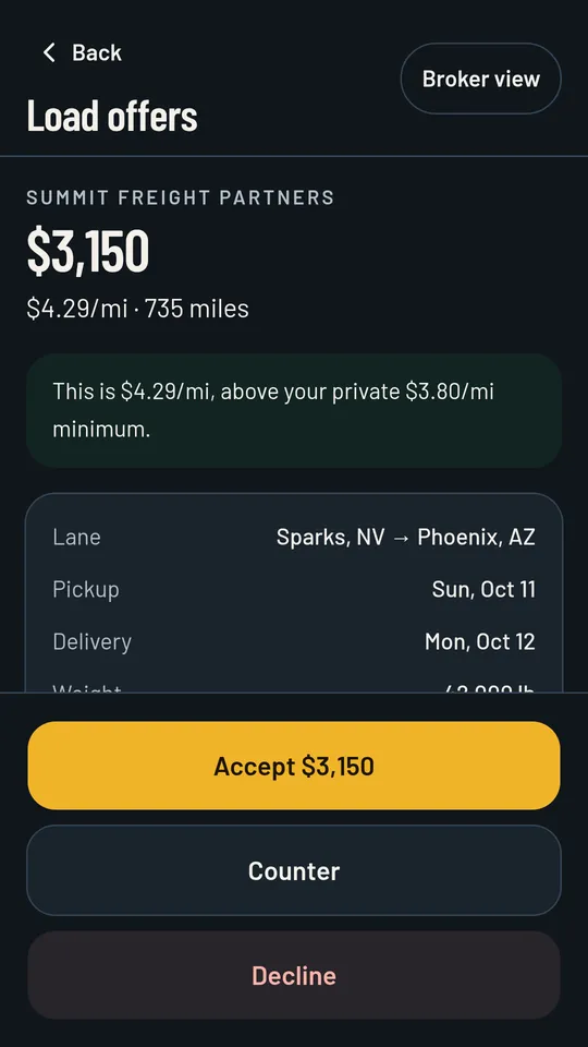 Load offer with accept, counter and decline